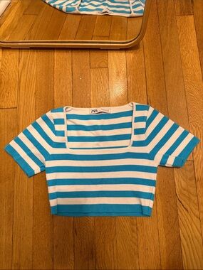 Zara Turquoise & White Striped Square-Neck Crop Top